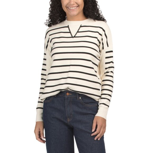 EDINBURGH KNITS Black/white Pima Cotton Blend Striped Front Sweater - Picture 2 of 2